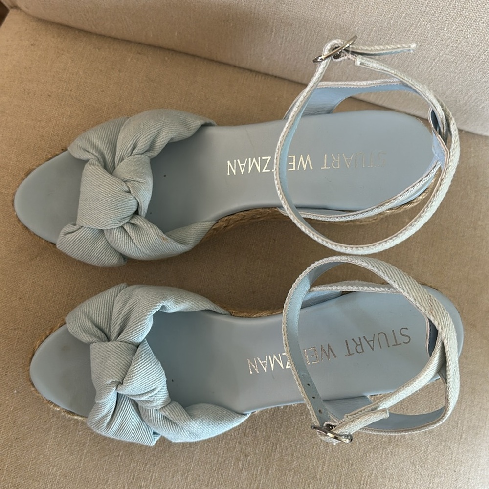 Stuart Weitzman Women’s Playa Espadrille Wedge Bow Sandals Blue Tan Size 8.5 - Picture 6 of 10